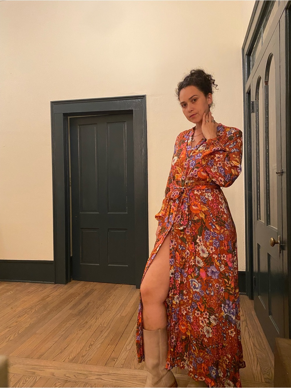Anthropologie Rust Floral Button-Front Maxi Dress